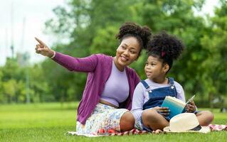 Afrikaanse Amerikaans leraar is onderwijs haar jong leerling naar lezen terwijl hebben een zomer buitenshuis klasse in de openbaar park voor onderwijs en geluk concept foto