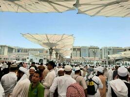 medina, saudi Arabië, mei 2023 - een mooi dag visie van masjid al nabawi, medina's buitenste binnenplaats, pelgrims en moskee luifels. foto