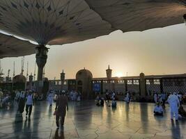 medina, saudi Arabië, mei 2023 - een mooi dag visie van masjid al nabawi, medina's buitenste binnenplaats, pelgrims en moskee luifels. foto