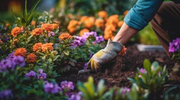 persoon plukken bloemen van de tuin. ai gegenereerd foto