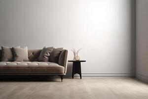 modern leven. interieur ontwerp met elegant meubilair en minimalistisch charme. hedendaags met huis sofa leven kamer ontwerp voor ontspanning en stijl ai gegenereerd foto