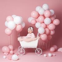 foto een baby vervoer is Aan een roze en wit achtergrond ai gegenereerd