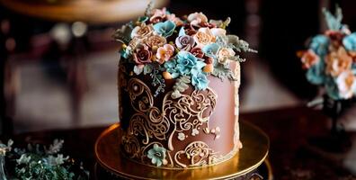 generatief ai afbeelding, dichtbij omhoog luxe romig chocola taart met mooi versierd, laag licht, heerlijk bakkerij, hartelijk groeten, vieren, gelukkig verjaardag, Gefeliciteerd, feestelijk foto