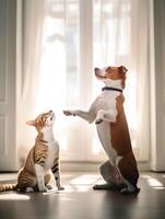 grappig huisdieren. komisch kat en hond spelen Bij huis. ai gegenereerd. foto