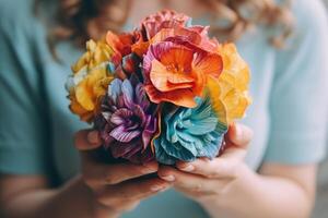 vrouw handen Holding een boeket van papier bloemen. generatief ai foto