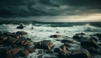 breken golven Botsing tegen rotsachtig kustlijn Bij schemer gegenereerd door ai foto