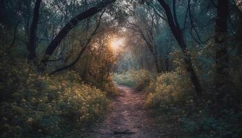 spookachtig herfst Woud, mysterie in de mist gegenereerd door ai foto