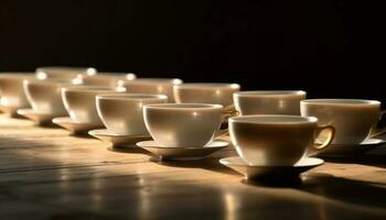 stack van koffie cups Aan houten schoteltjes gegenereerd door ai foto