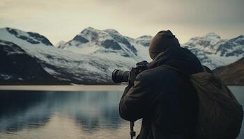 Kaukasisch Mens Holding slr camera, fotograferen berg reeks gegenereerd door ai foto