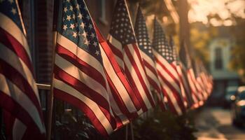 Amerikaans vlag golvend in wind, symbool van vrijheid gegenereerd door ai foto