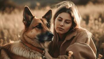 jong vrouw omarmen schattig Duitse herder puppy buitenshuis gegenereerd door ai foto
