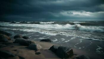 dramatisch lucht, crashen golven, rustig schoonheid gegenereerd door ai foto