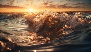 zonsondergang surfers rijden golven in tropisch paradijs gegenereerd door ai foto