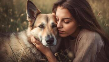 een vrouw omarmen schattig puppy in natuur gegenereerd door ai foto