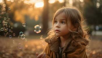 schattig Kaukasisch meisje blazen bubbels in natuur gegenereerd door ai foto