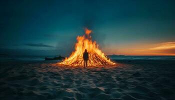 brandend vreugdevuur Aan zanderig strand Bij schemer gegenereerd door ai foto