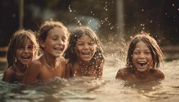 glimlachen kinderen spelen in de zwemmen zwembad gegenereerd door ai foto