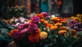 levendig multi gekleurde boeket van vers bloemen buitenshuis gegenereerd door ai foto