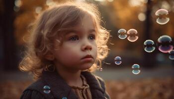 glimlachen kind blazen bubbels in natuur schoonheid gegenereerd door ai foto