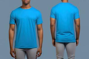 foto realistisch mannetje blauw t-shirts met kopiëren ruimte, voorkant, en terug visie. ai gegenereerd