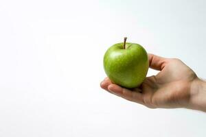 hand- Holding groen appel met kopiëren ruimte. ai gegenereerd foto