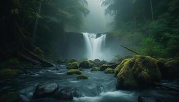 de majestueus waterval sprays de nevel Aan de rustig zeegezicht generatief ai foto