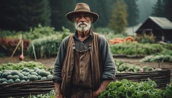 actief senior boer Holding vers biologisch groenten in landelijk tuin generatief ai foto