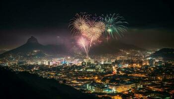 vuurwerk ontbranden stad horizon, verhelderend beroemd oriëntatiepunten in viering generatief ai foto