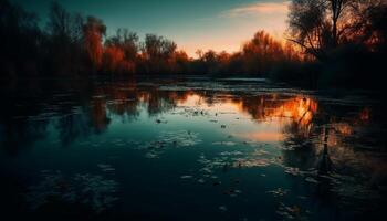 een rustig tafereel van natuurlijk schoonheid zonsondergang over- de Woud generatief ai foto