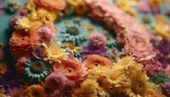 een levendig boeket van multi gekleurde bloemen in een overladen arrangement generatief ai foto