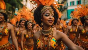 vrolijk samba dansers in traditioneel kostuums optocht door stad- plein generatief ai foto