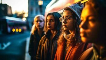 een groep van jong Dames en mannen genieten stad nachtleven generatief ai foto