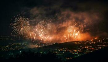 vlam verlicht de donker nacht lucht in kleurrijk viering Scherm generatief ai foto