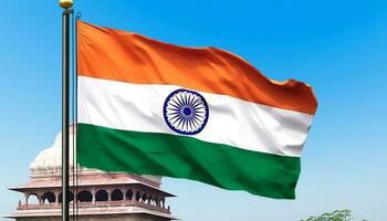 Indisch vlag golvend majestueus Aan beroemd nationaal mijlpaal architectuur gegenereerd door ai foto