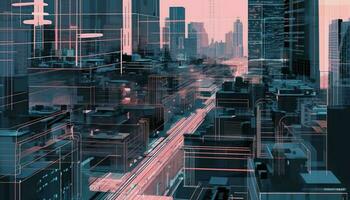 futuristische stad horizon gloeit Bij nacht met abstract blauw patronen gegenereerd door ai foto