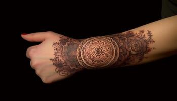 elegant henna- tatoeëren ontwerp Aan hand- symboliseert inheems cultuur gegenereerd door ai foto