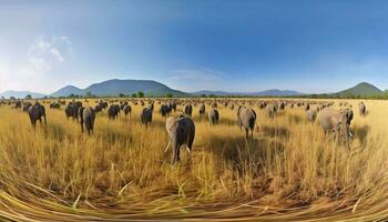 zonsondergang over- Afrikaanse berg verlicht vee kudde begrazing in weide gegenereerd door ai foto