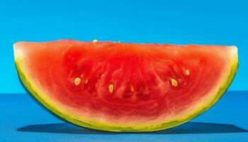 sappig watermeloen plak, een zoet zomer verfrissing Aan blauw bord gegenereerd door ai foto