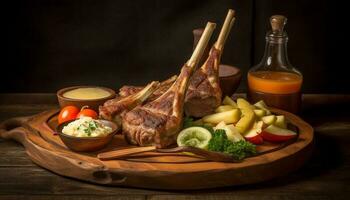 gegrild varkensvlees steak Aan rustiek houten tafel, klaar naar eten versheid gegenereerd door ai foto