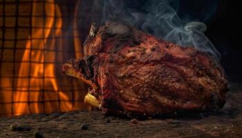 gegrild varkensvlees steak, gerookt en bijzonder, gekookt over- natuurlijk vlam gegenereerd door ai foto