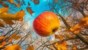 rijp appel Aan biologisch boom in levendig herfst Woud landschap gegenereerd door ai foto