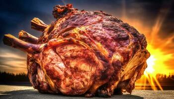gegrild varkensvlees ribben, een vlam gegrild fijnproever maaltijd buitenshuis in natuur gegenereerd door ai foto