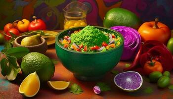 biologisch vegetarisch lunch kom met vers groenen, avocado, en koriander gegenereerd door ai foto