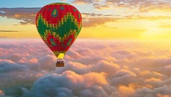 heet lucht ballon stijgt hoog, aanbieden toneel- zomer avontuur gegenereerd door ai foto