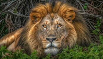 majestueus leeuw met een groot manen op zoek Bij de camera gegenereerd door ai foto