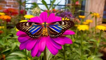 levendig vlinder vleugel Aan Purper bloem in formeel tuin gegenereerd door ai foto