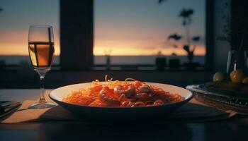 zonsondergang dining fijnproever zeevruchten, wit wijn, en verlicht romance gegenereerd door ai foto