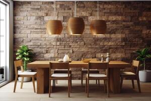 voorraad foto van modern hout houten dining kamer ultra ai gegenereerd