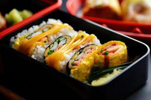 voorraad foto van tamagoyaki Japans gerold omelet in bento met rijst- voedsel fotografie generatief ai