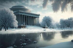 Kerstmis sneeuwstorm in Washington dc stad horizon in winter. illustratie generatief ai foto